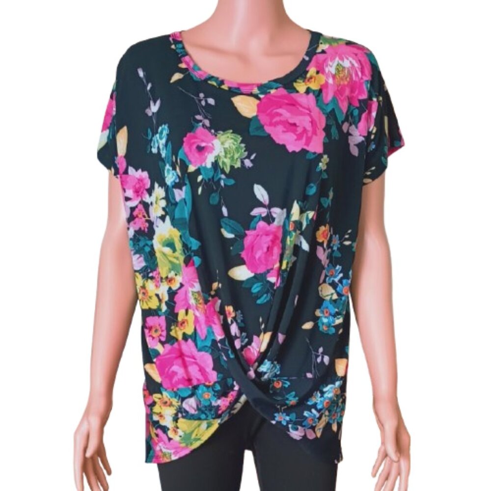 Heimish Floral Knot Front Top L Short Sleeve Bright Fuchsia Navy Spring Blouse